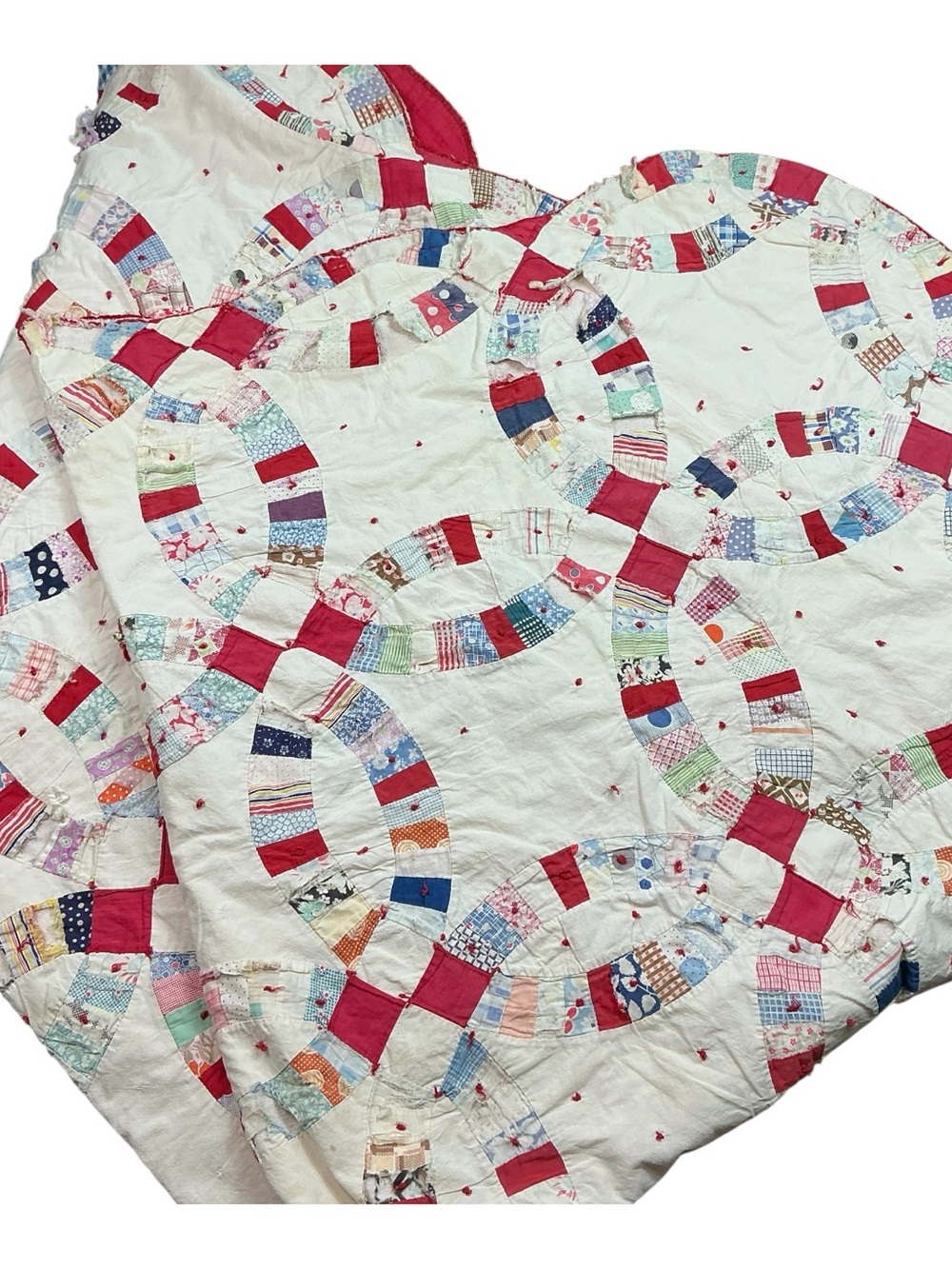 Vintage 1930s/40s hand stitched wedding circle quilt 65 x 71 USA made fair cond